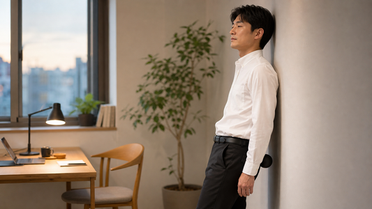 デスクワーク後に壁を使ってボールでお尻周りをセルフケアする男性