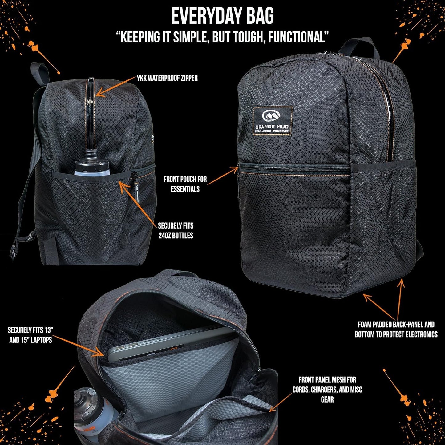 Orange Mud エブリデイバッグ ノートPCバックパック 400Dリップストップナイロン 防水YKKジッパー パッド入り PC保護 大型サイドボトルホルダー ブラック/オレンジ