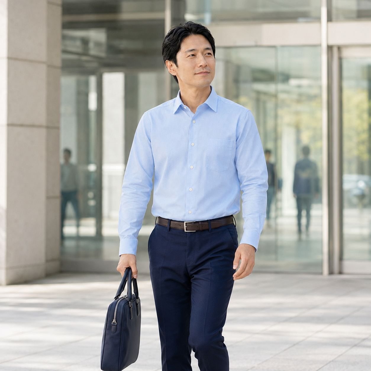 Fresh Maxシャツでオフィスエントランスを歩くビジネスパーソン